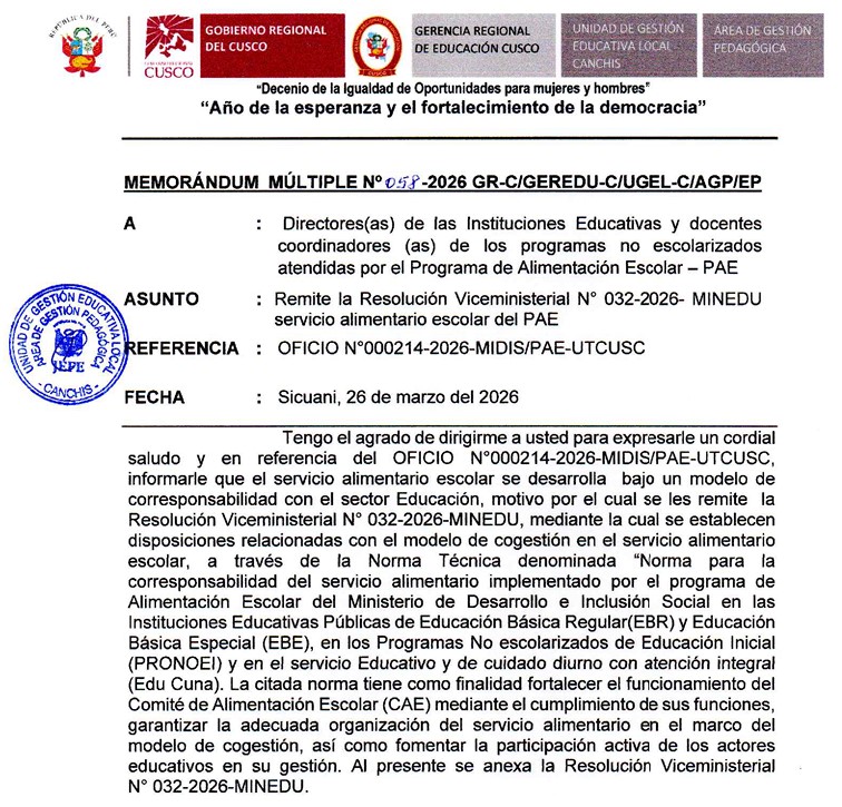 Remite la Resolución Viceministerial N° 032-2026- MINEDU servicio alimentario escolar del PAE